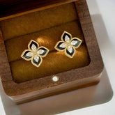 Luxury Black & Gold Floral Stud Earrings – Sparkling Four-Petal Design