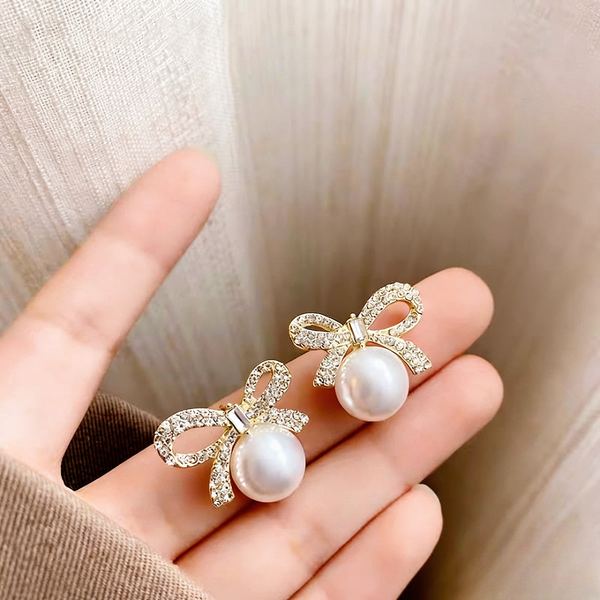 Bow Knot Pearl Earrings with Zircon – Korean Style