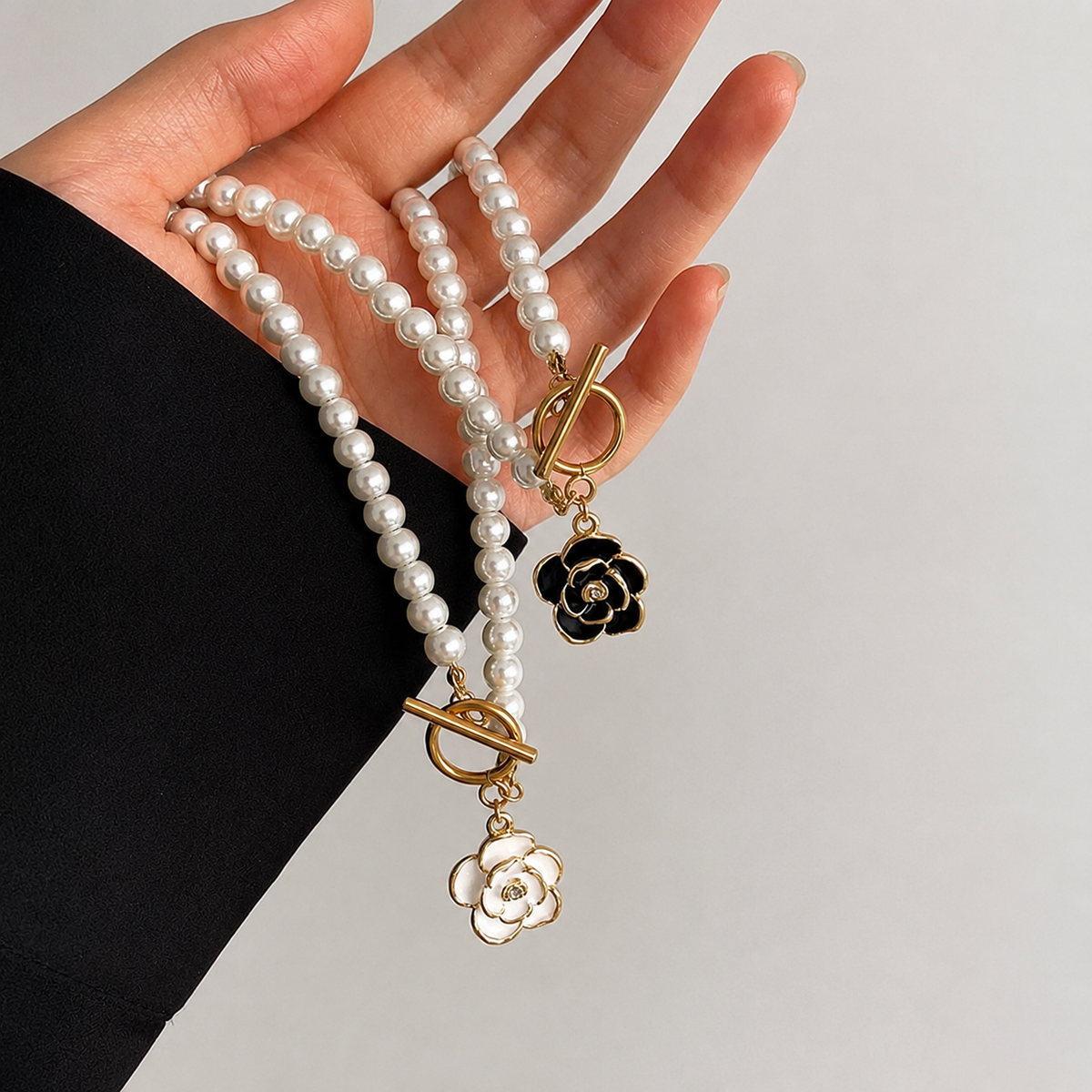 Korean Camellia Pearl Pendant Necklace