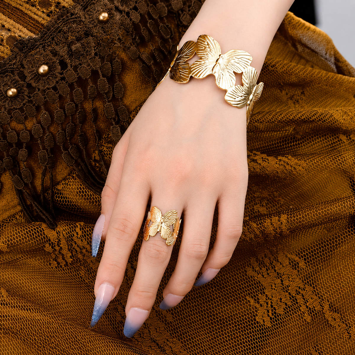 Stylish Alloy Hand Cuff Ring Set for Women – Adjustable Silver & Golden Jewelry